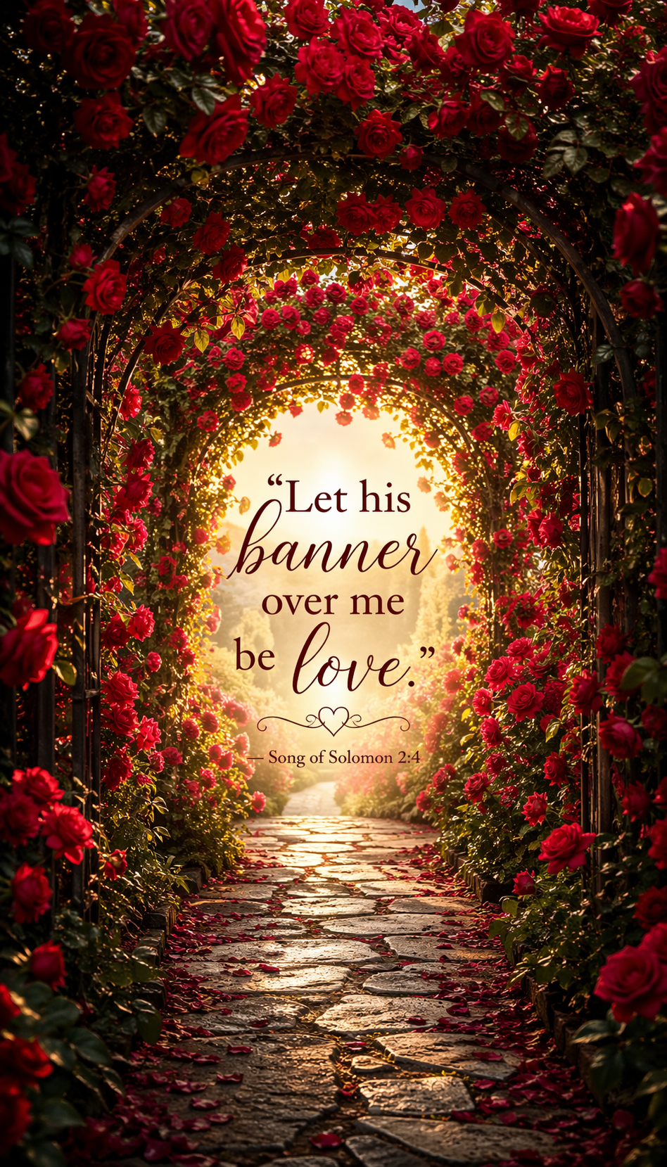 Song of Solomon 2:4 vertical wallpaper rose garden archway red climbing roses tunnel petals cobblestone path golden light love